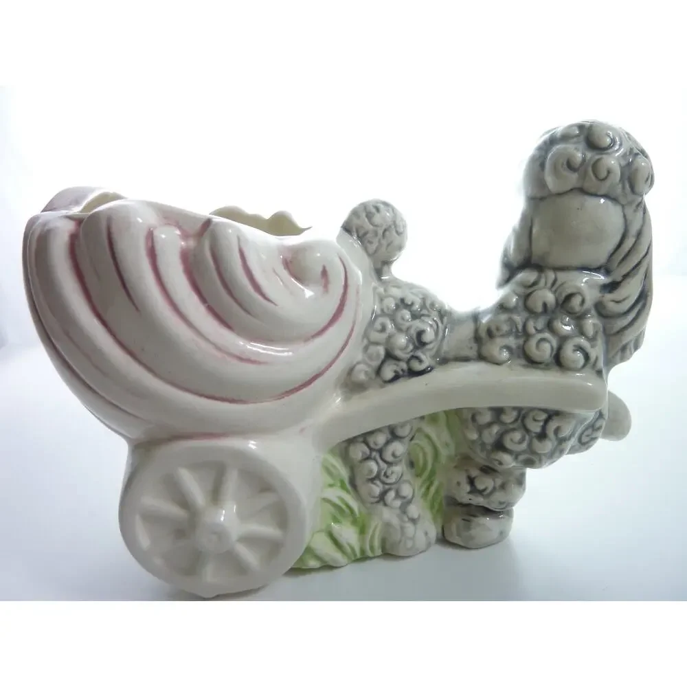 Vintage Ceramic Poodle Shell Cart Planter White Kitsch Dog Figurine Pot 6.5 Inch